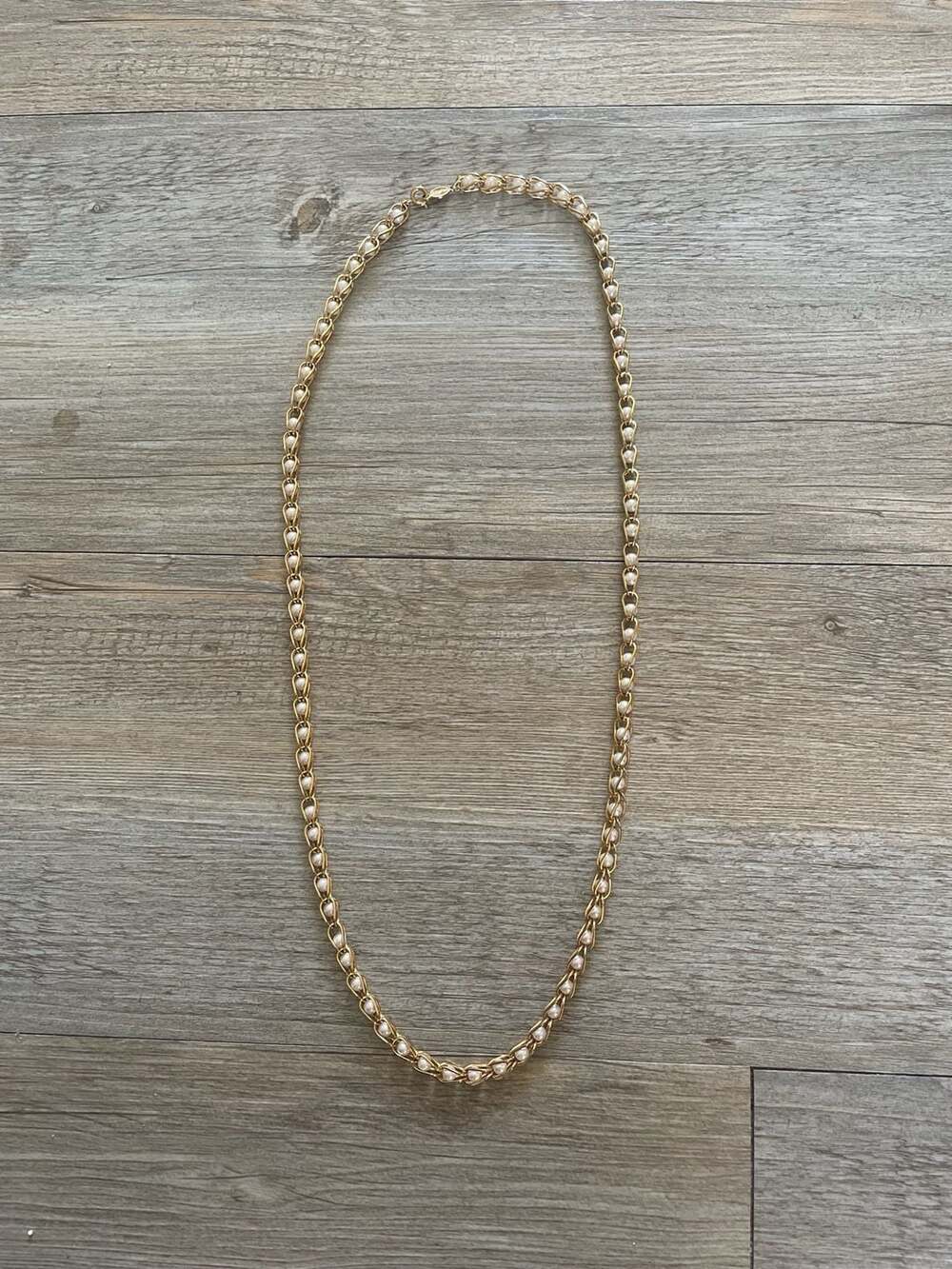 Vintage Napier Gold Tone Faux Pearl Cage Link Long Necklace - Picture 2 of 4